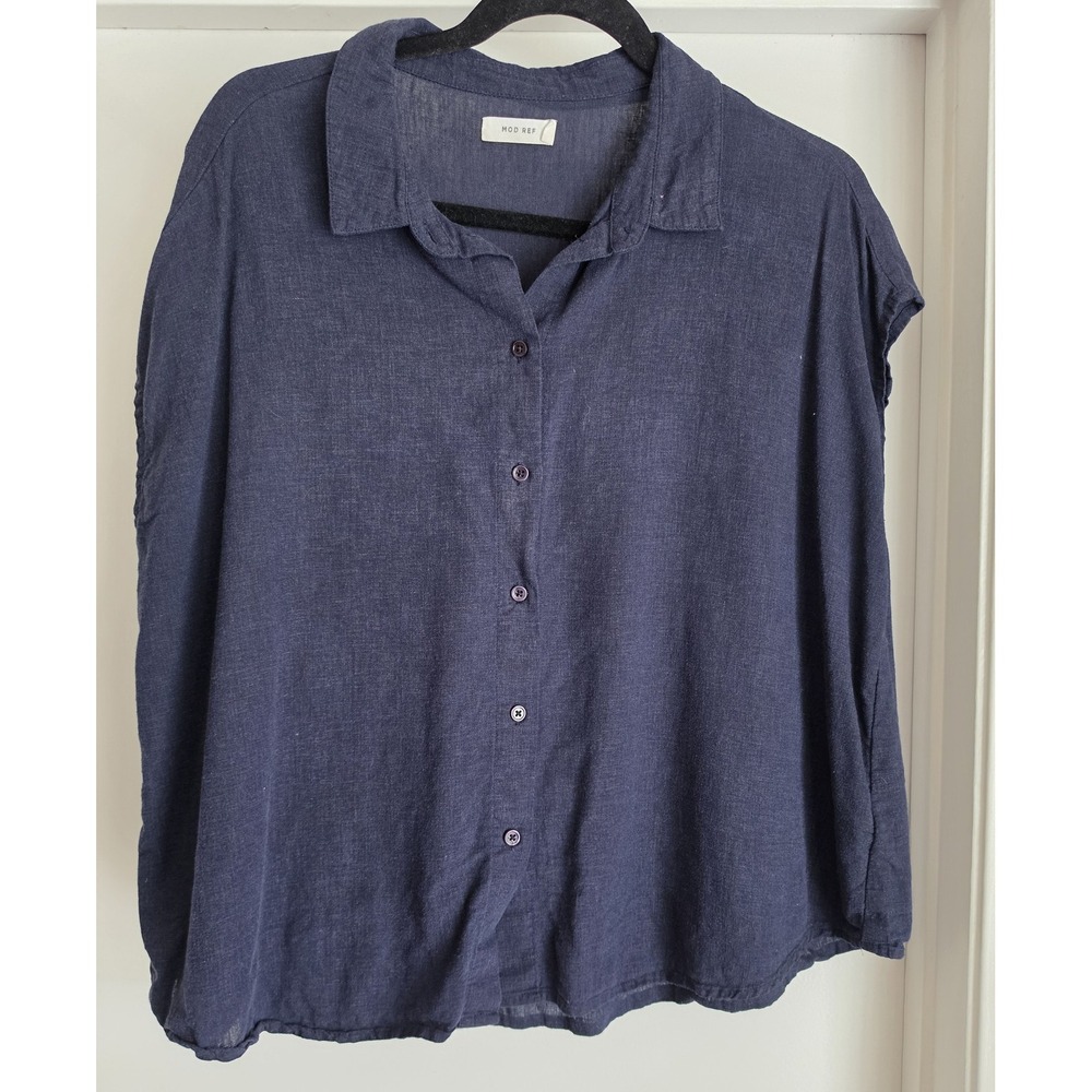 MOD REF Sleeveless Button Down Shirt Women M Navy Blue Collared Top Blouse